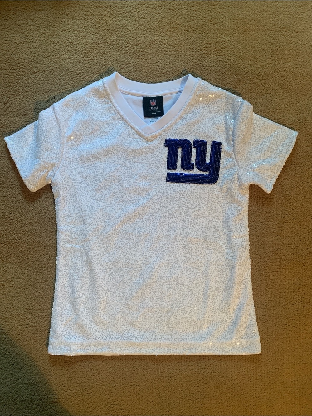 NFL White Sequin Short Sleeve Tee with Blue NY Patch